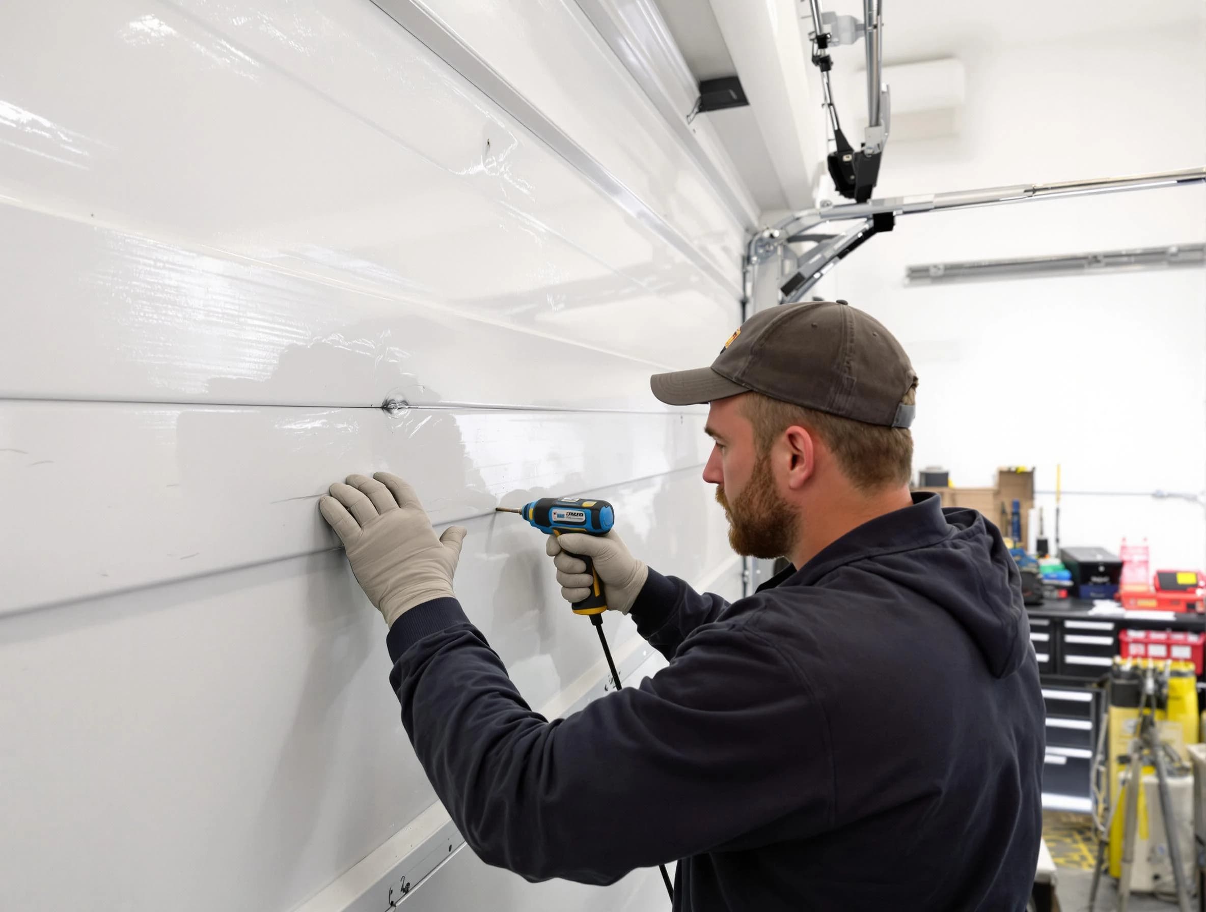 Short Pump Garage Door Repair technician demonstrating precision dent removal techniques on a Short Pump garage door